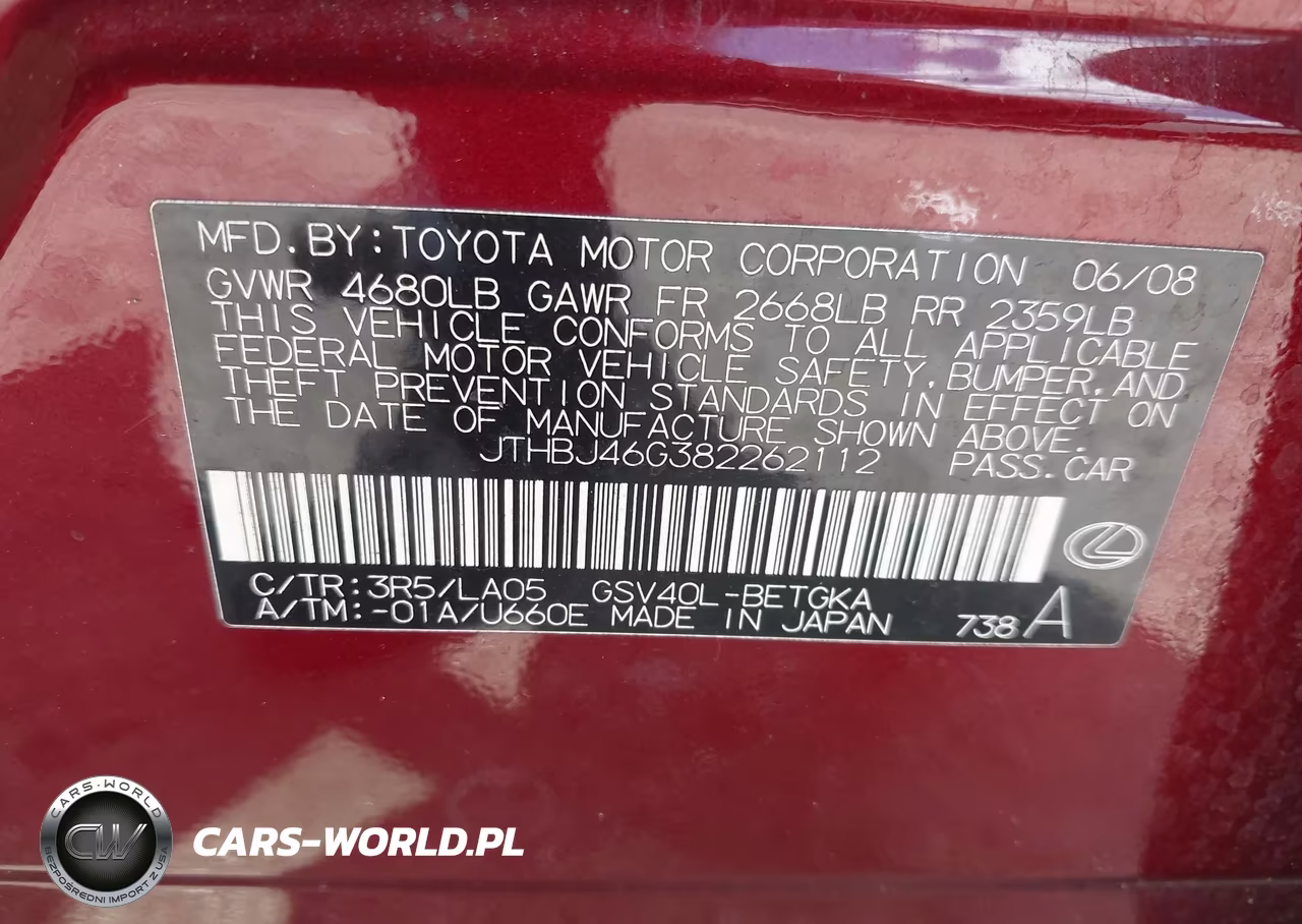 2008 Lexus Es 350 VIN:JTHBJ46G382262112 - 9