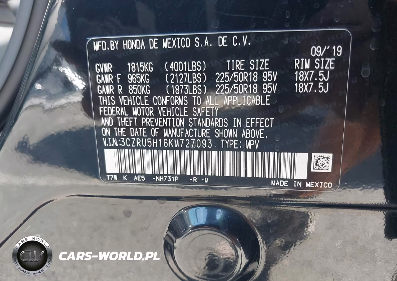 2019 Honda Hr-V Sport VIN:3CZRU5H16KM727093 - 9