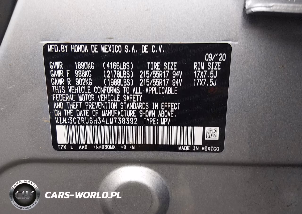 2020 Honda Hr-V Awd Lx VIN:3CZRU6H34LM738392 - 9