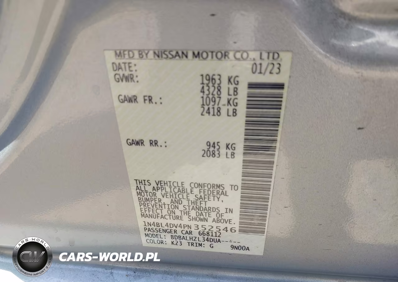 2023 Nissan Altima Sv Fwd VIN:1N4BL4DV4PN352546 - 9