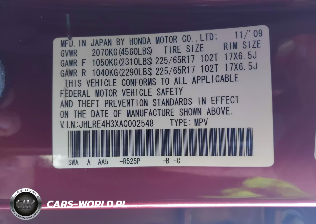 2010 Honda Cr-V Lx VIN:JHLRE4H3XAC002548 - 9