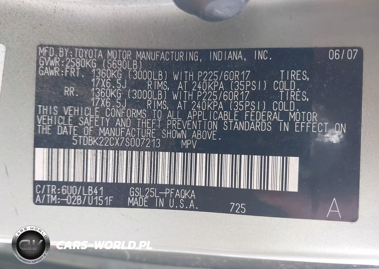2007 Toyota Sienna Xle Limited VIN:5TDBK22CX7S007213 - 9