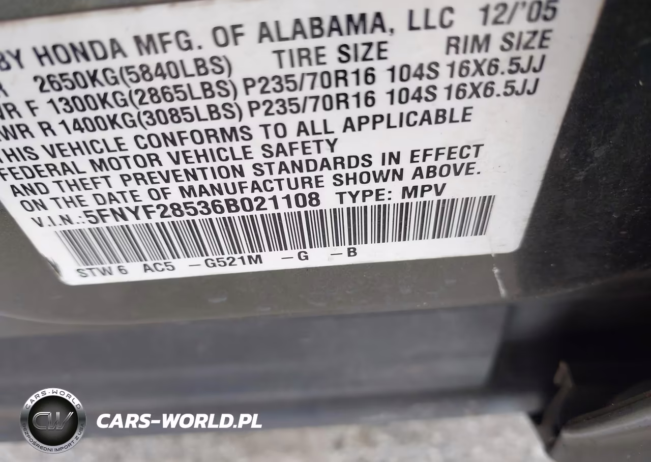 2006 Honda Pilot Ex-L VIN:5FNYF28536B021108 - 9