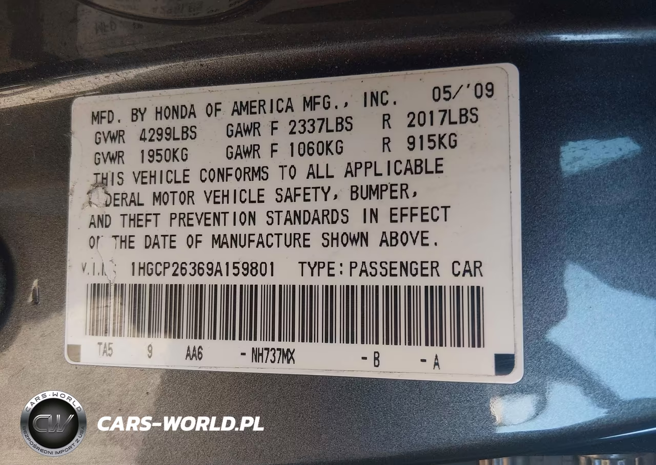 2009 Honda Accord 2.4 Lx VIN:1HGCP26369A159801 - 9