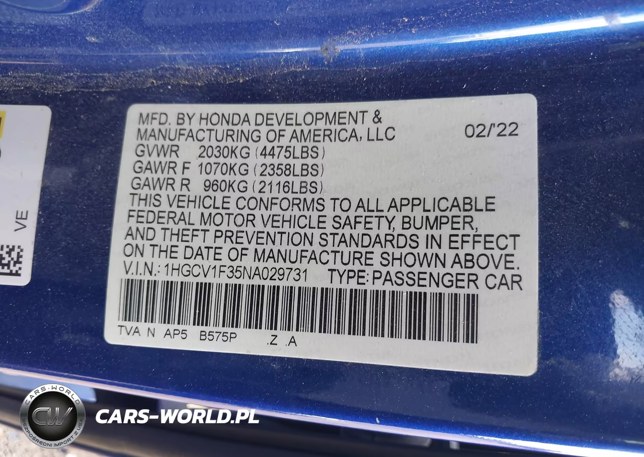 2022 Honda Accord Sport VIN:1HGCV1F35NA029731 - 9