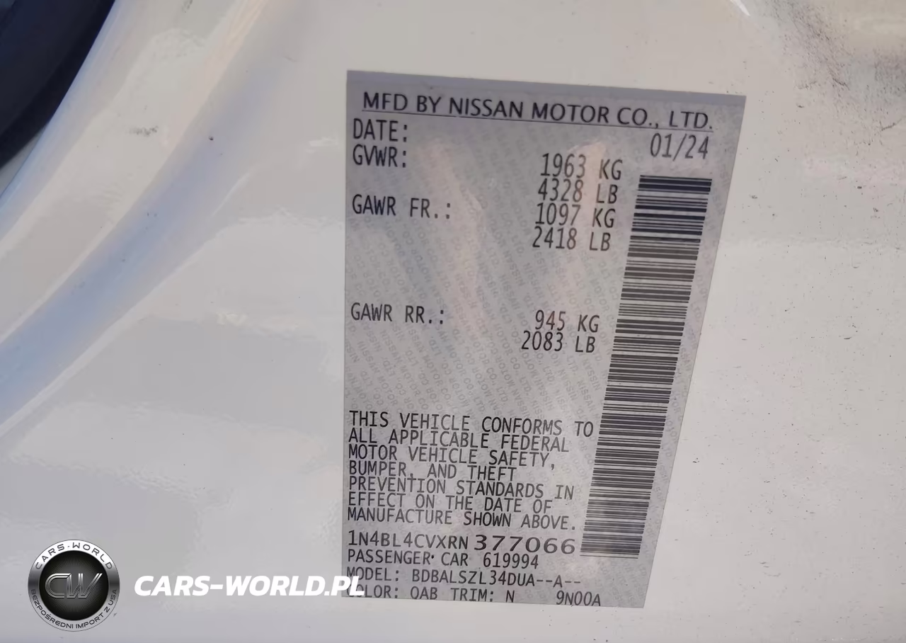 2024 Nissan Altima Sr Fwd VIN:1N4BL4CVXRN377066 - 9