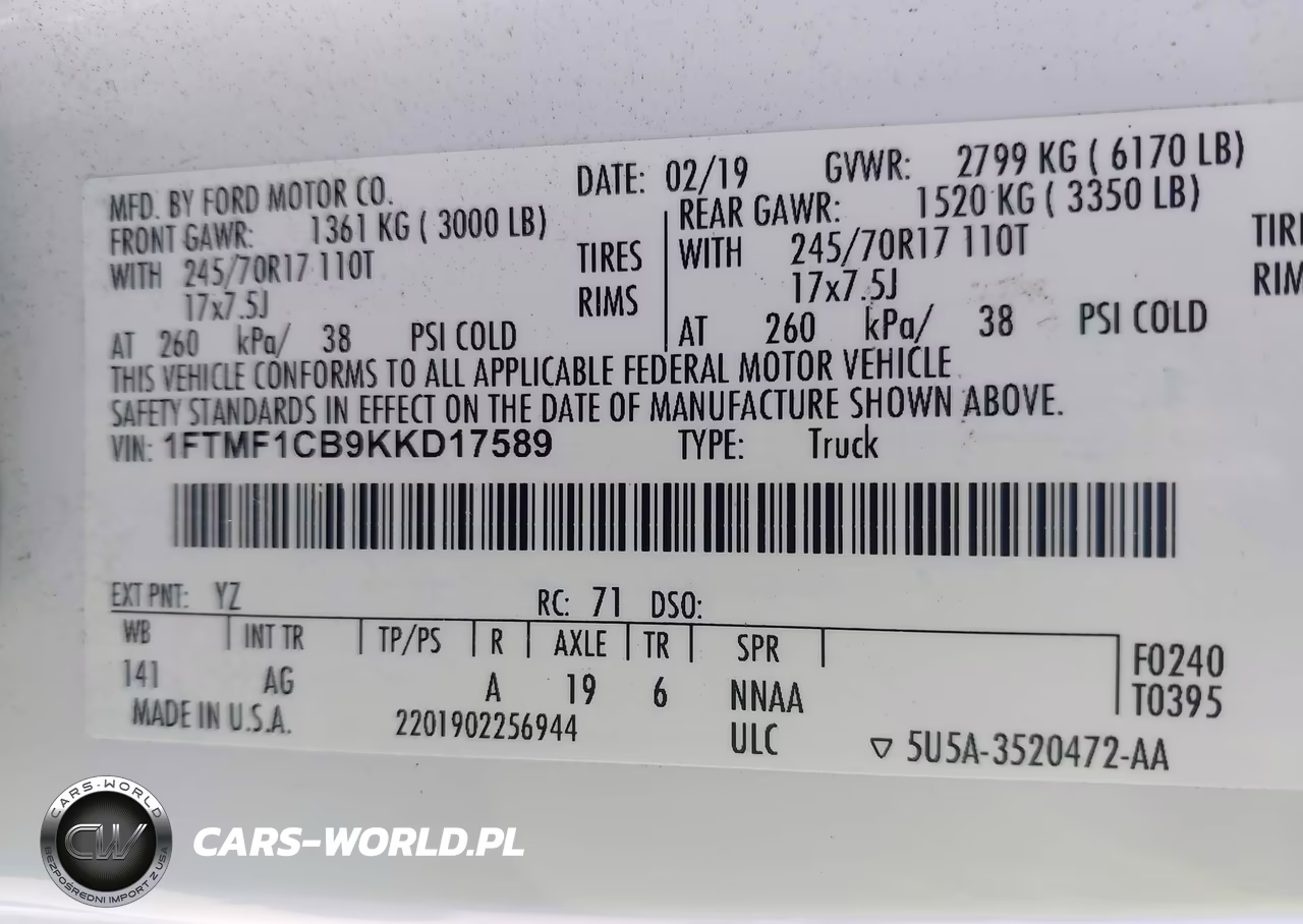 2019 Ford F-150 Xl VIN:1FTMF1CB9KKD17589 - 9