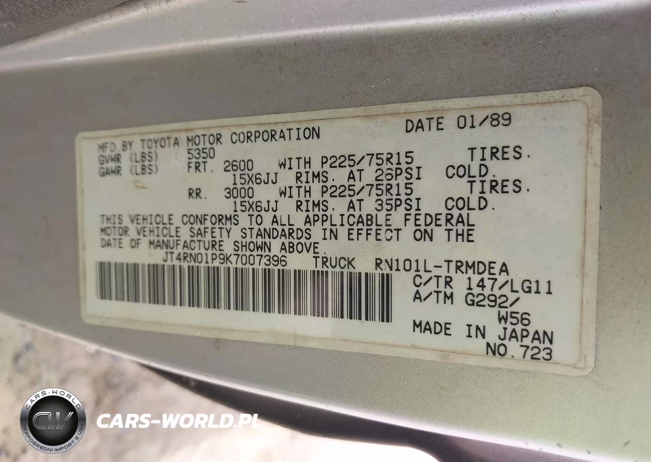 1989 Toyota Pickup 1-2 Ton Sht Wheelbase Dlx VIN:JT4RN01P9K7007396 - 9