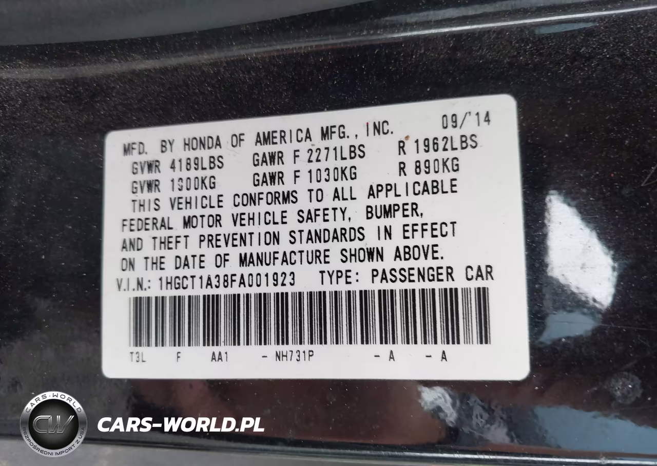 2015 Honda Accord Lx-S VIN:1HGCT1A38FA001923 - 9