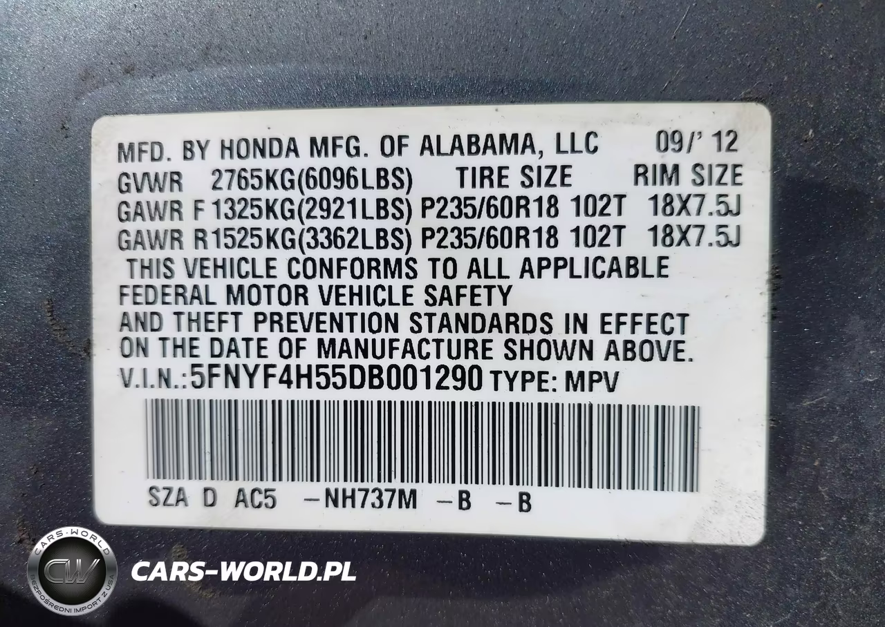 2013 Honda Pilot Ex-L VIN:5FNYF4H55DB001290 - 9