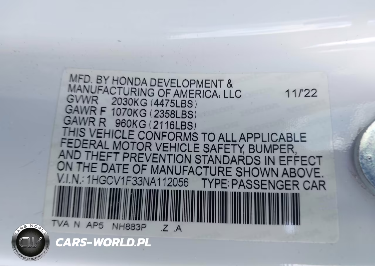 2022 Honda Accord Sport VIN:1HGCV1F33NA112056 - 9