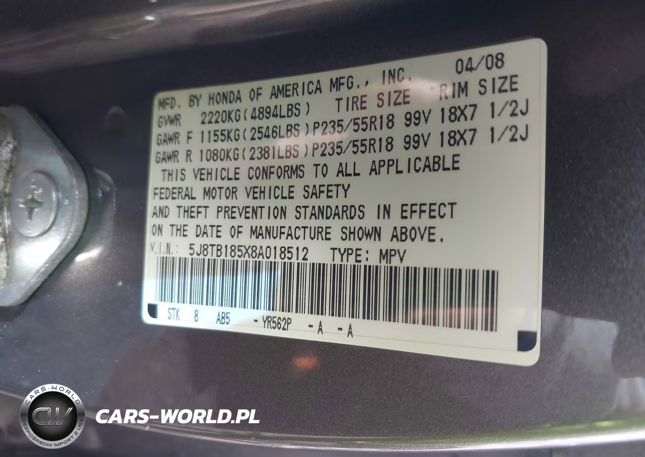 2008 Acura Rdx VIN:5J8TB185X8A018512 - 9