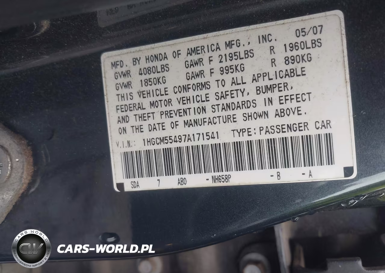 2007 Honda Accord 2.4 Lx VIN:1HGCM55497A171541 - 9