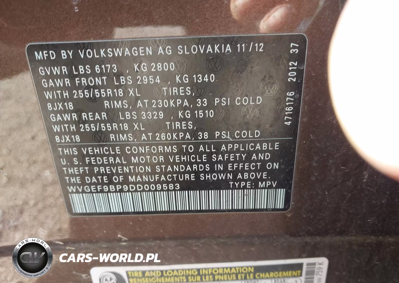 2013 Volkswagen Touareg Vr6 Sport VIN:WVGEF9BP9DD009583 - 9