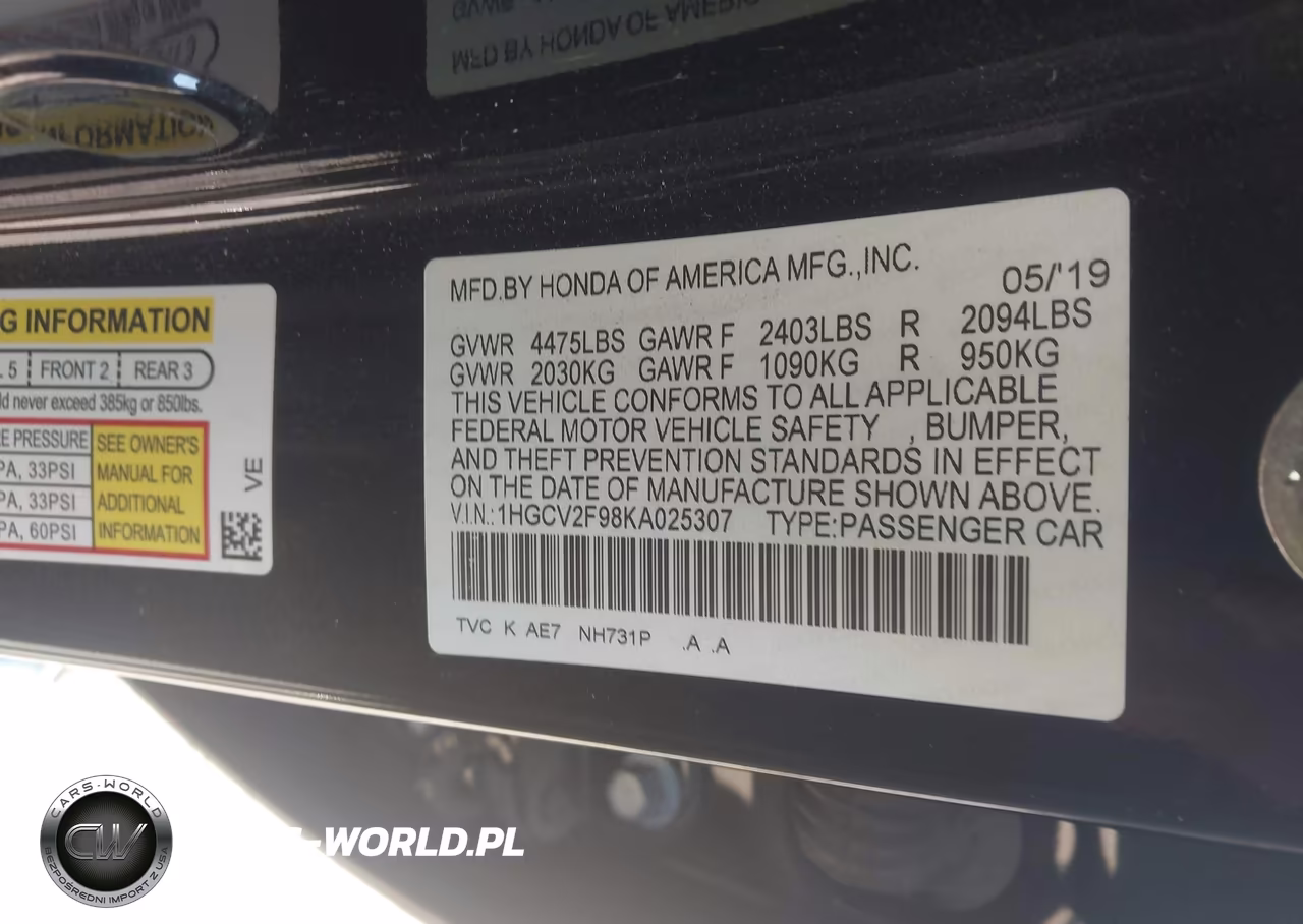2019 Honda Accord Touring 2.0T VIN:1HGCV2F98KA025307 - 9