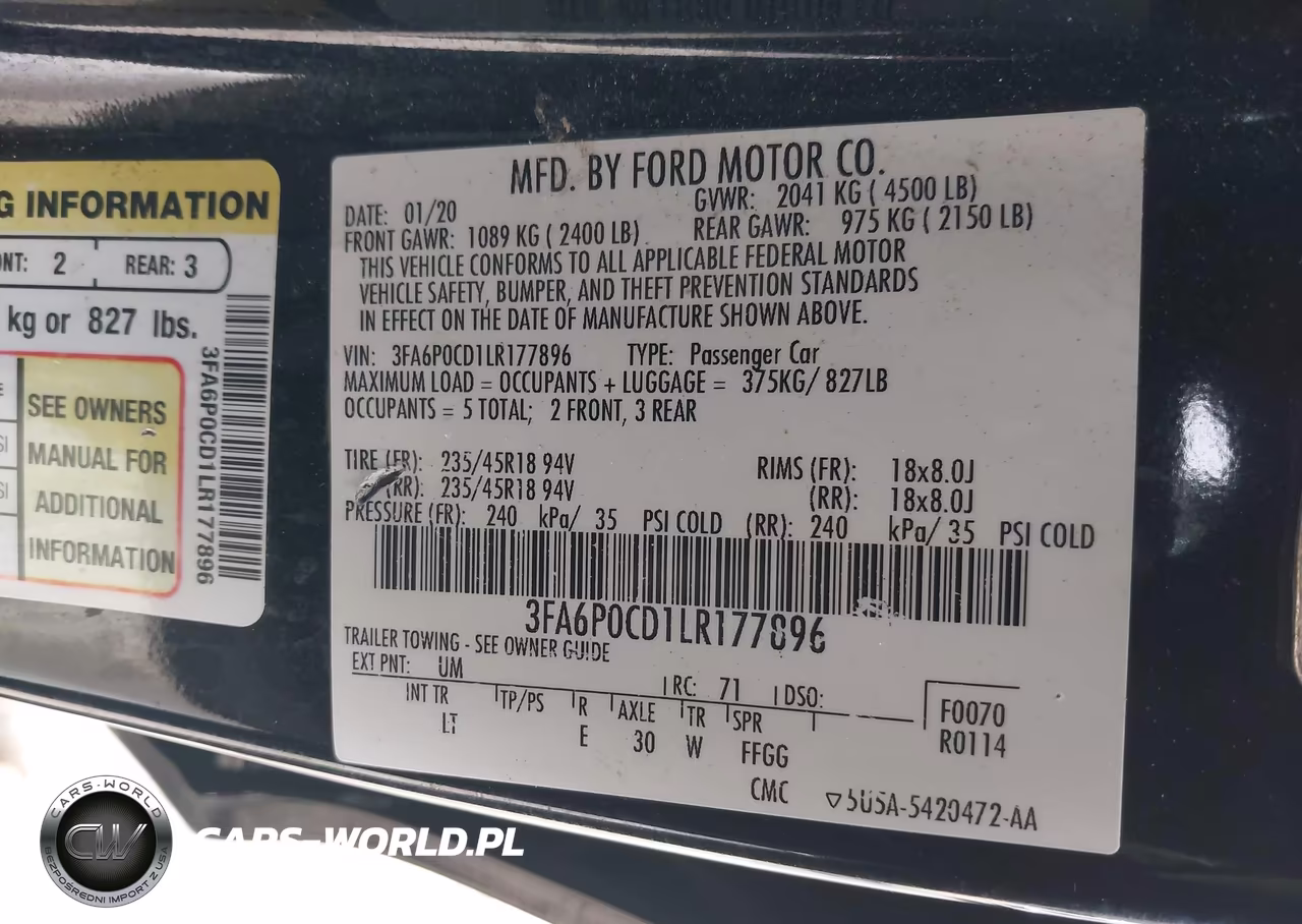 2020 Ford Fusion Sel VIN:3FA6P0CD1LR177896 - 9