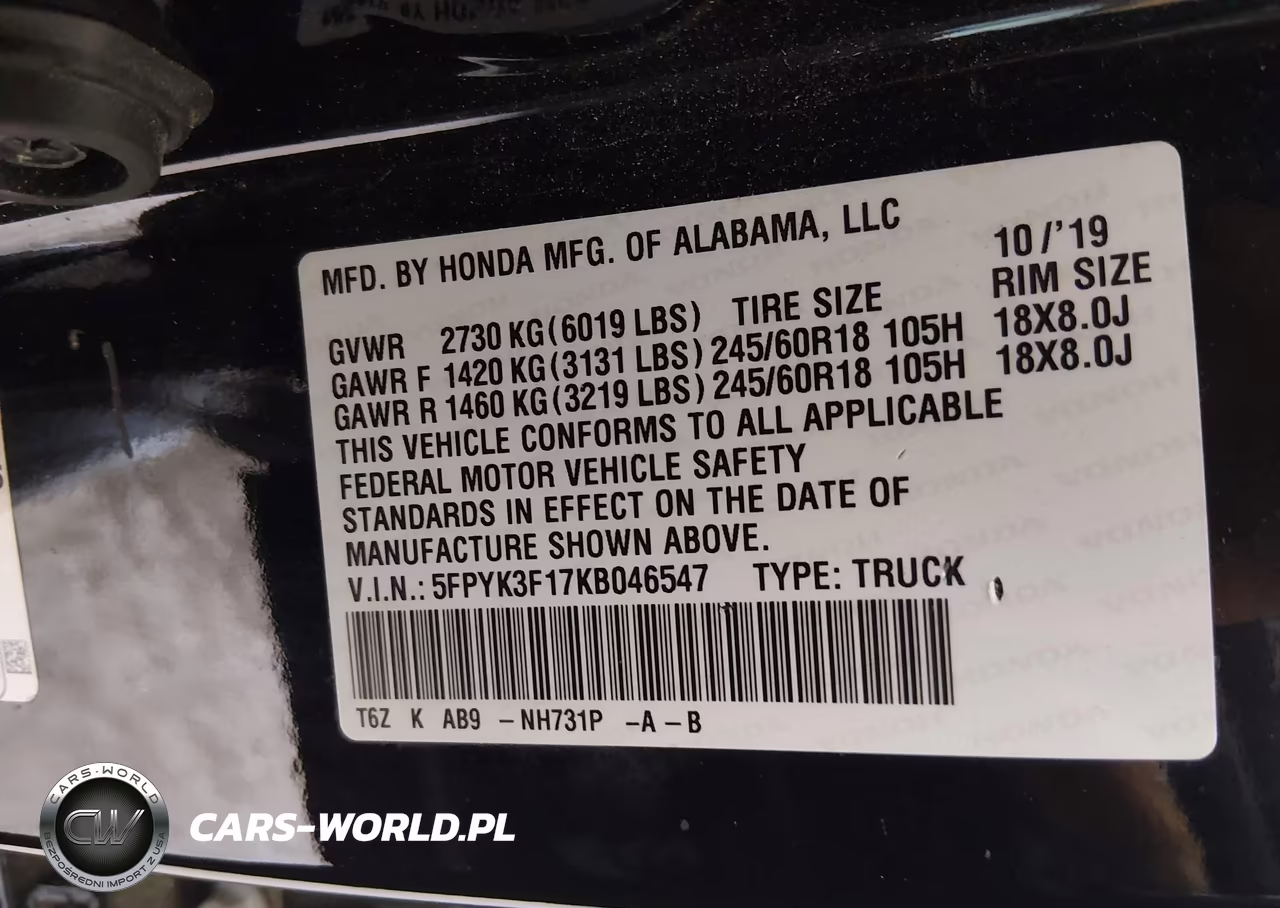 2019 Honda Ridgeline Sport VIN:5FPYK3F17KB046547 - 9