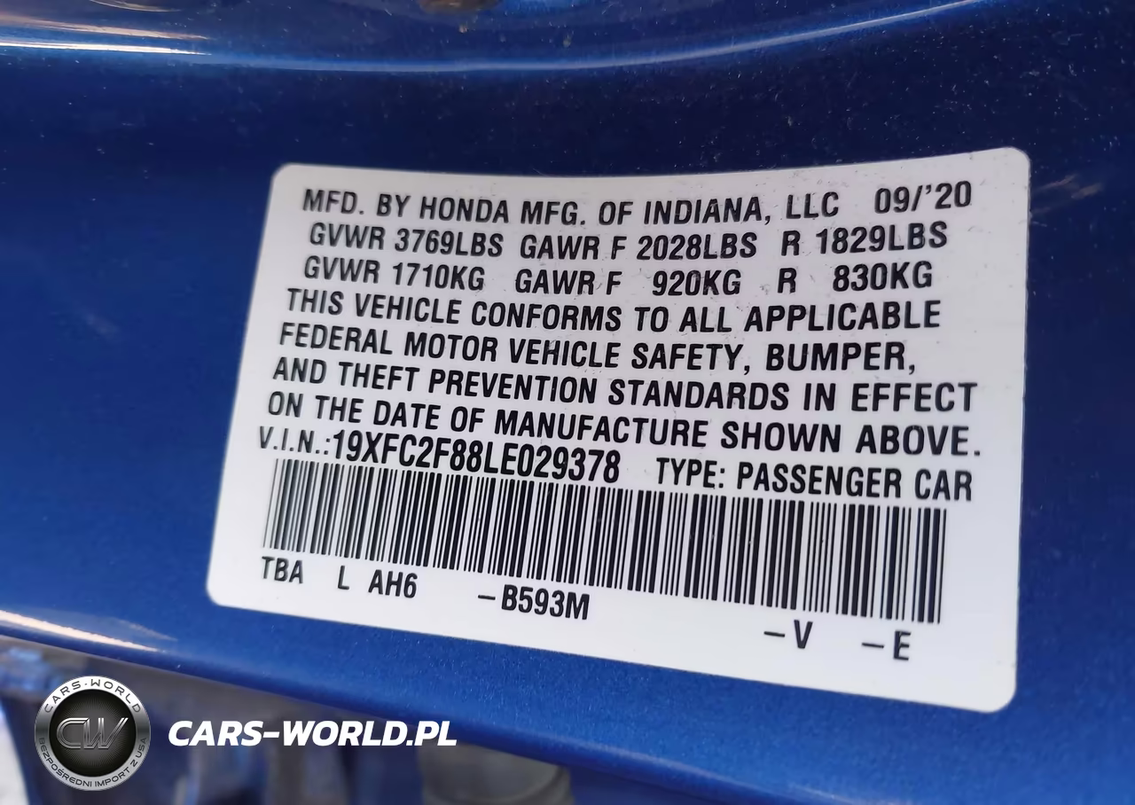 2020 Honda Civic Sport VIN:19XFC2F88LE029378 - 9
