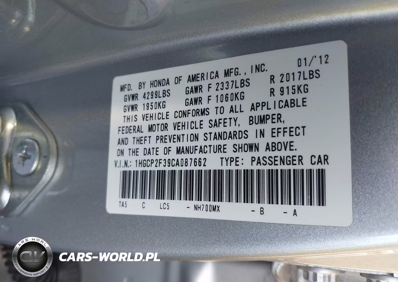 2012 Honda Accord 2.4 Lx VIN:1HGCP2F39CA087662 - 9