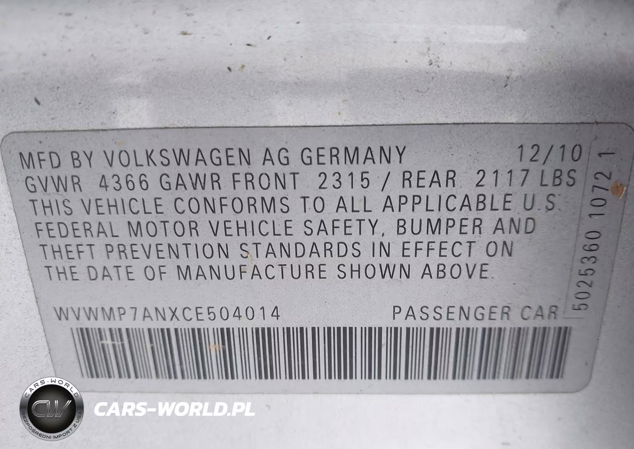 2012 Volkswagen Cc Sport VIN:WVWMP7ANXCE504014 - 9