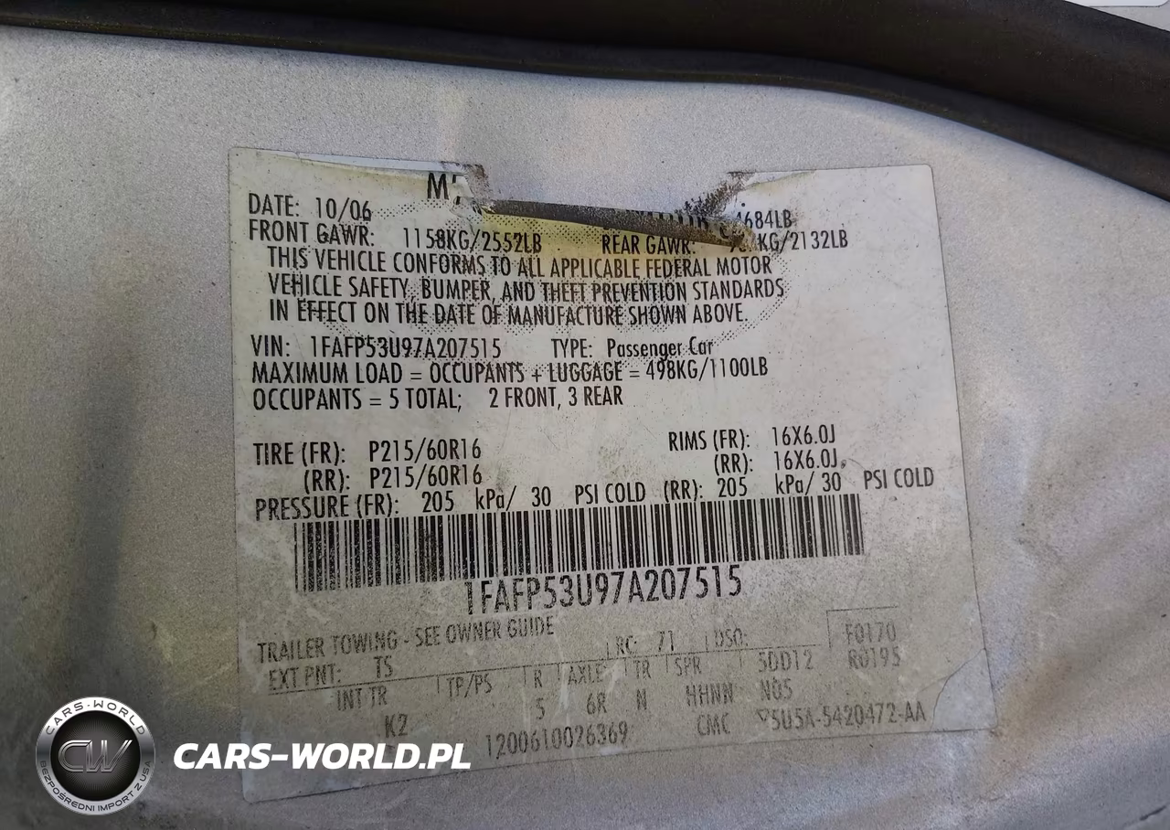 2007 Ford Taurus Se VIN:1FAFP53U97A207515 - 9