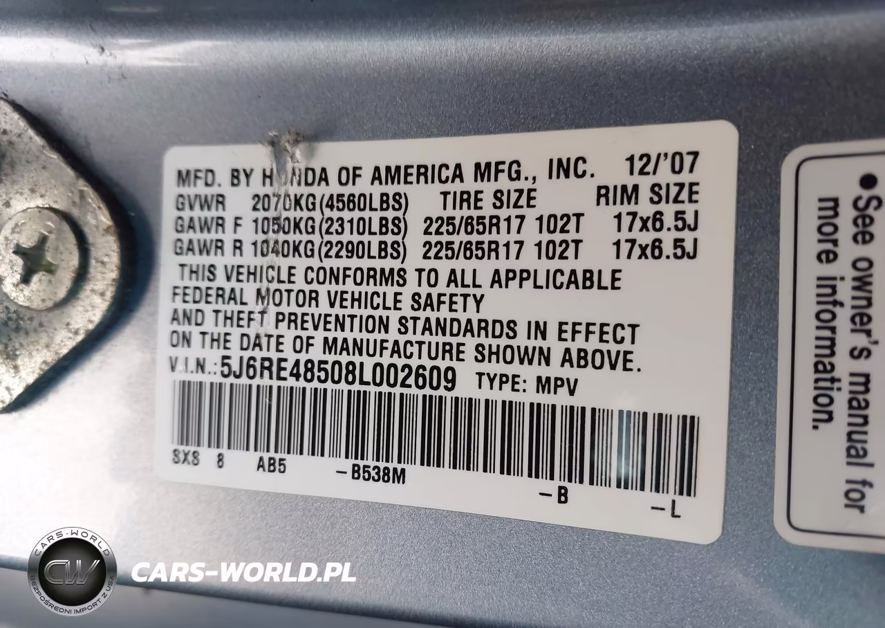 2008 Honda Cr-V Ex VIN:5J6RE48508L002609 - 9