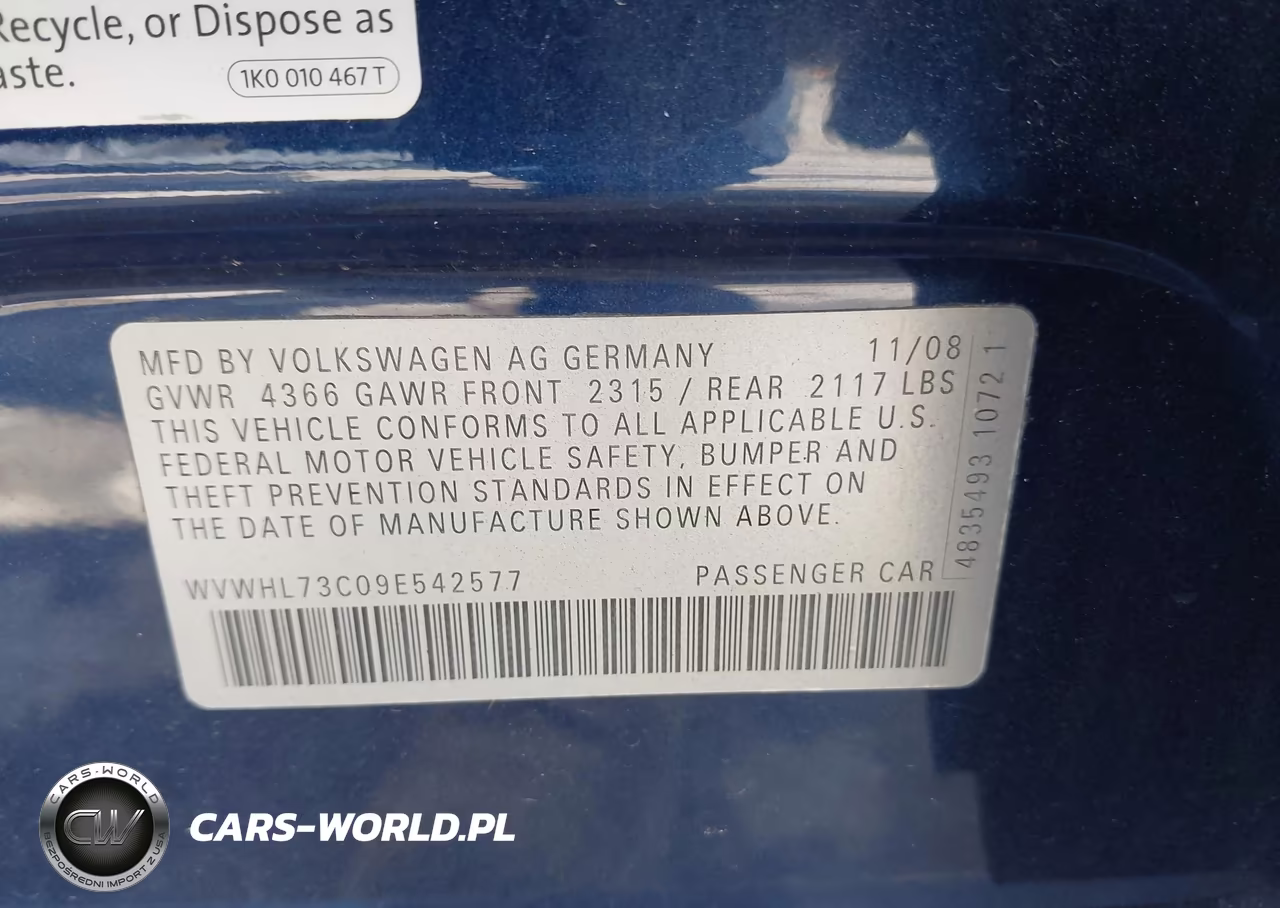 2009 Volkswagen Cc Luxury VIN:WVWHL73C09E542577 - 9