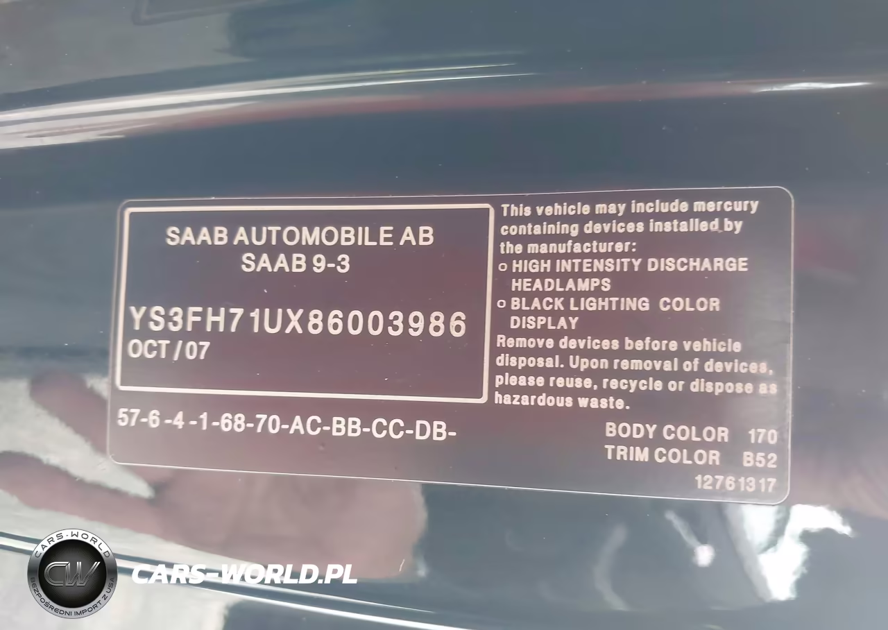2008 Saab 9-3 Aero VIN:YS3FH71UX86003986 - 9