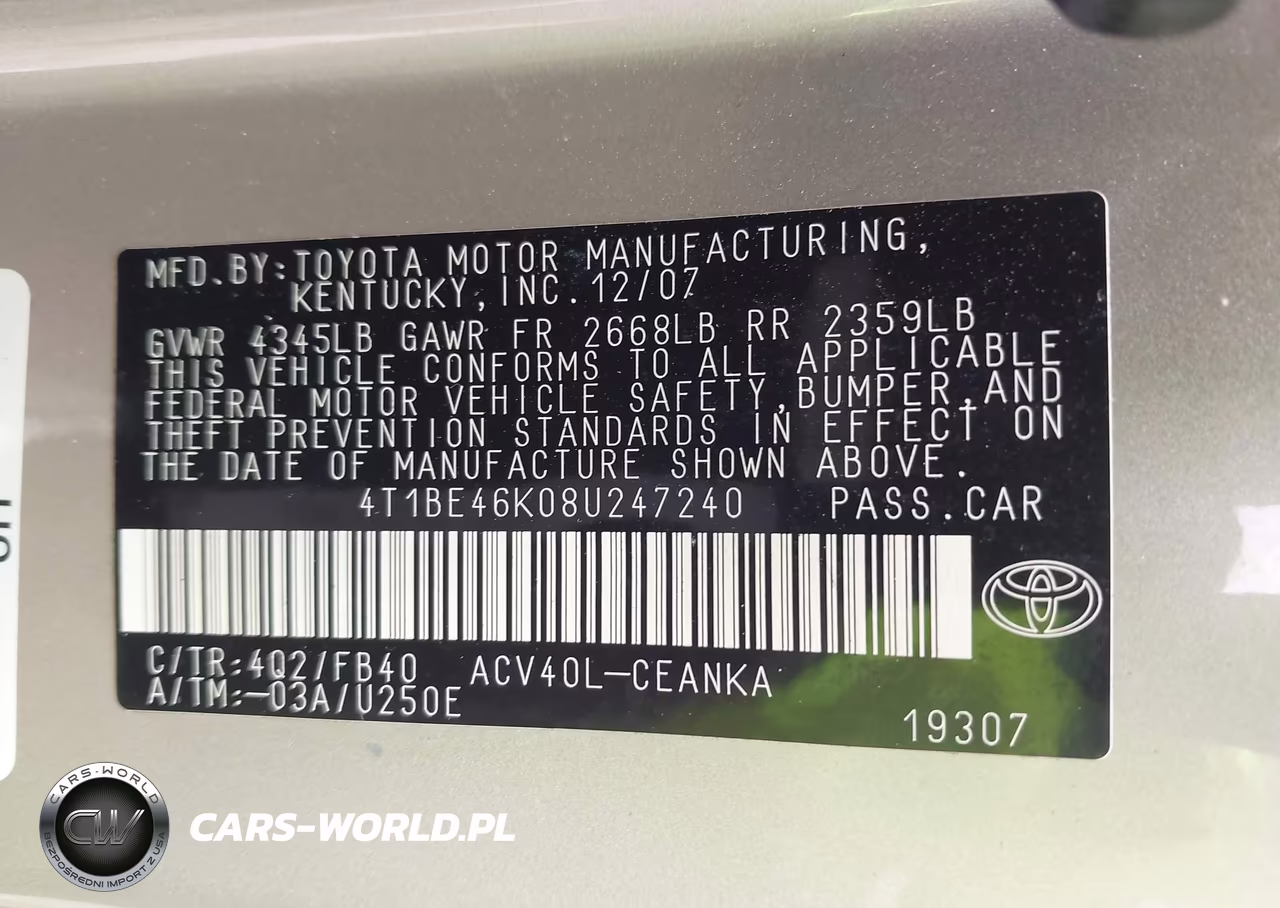 2008 Toyota Camry Le VIN:4T1BE46K08U247240 - 9
