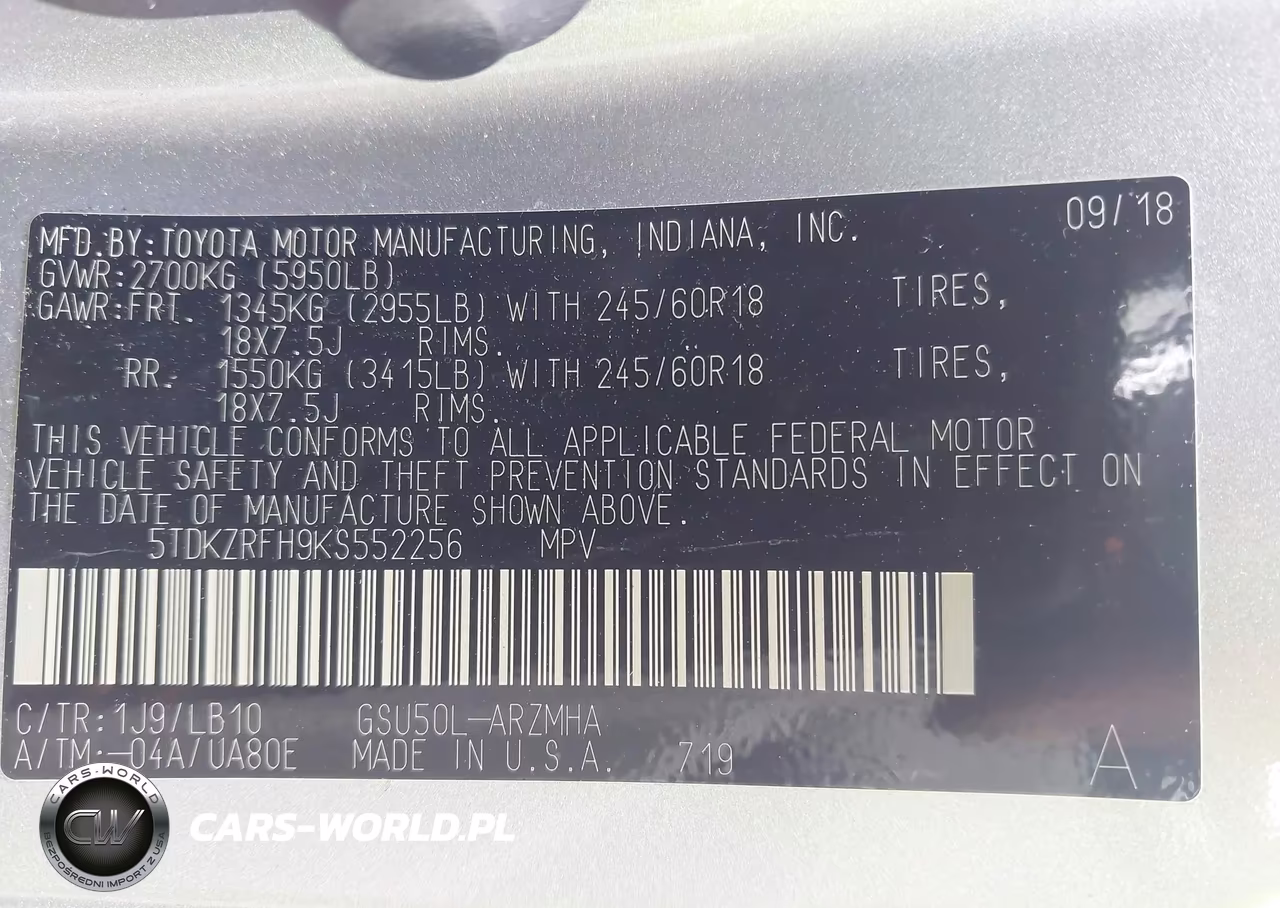 2019 Toyota Highlander Xle VIN:5TDKZRFH9KS552256 - 9