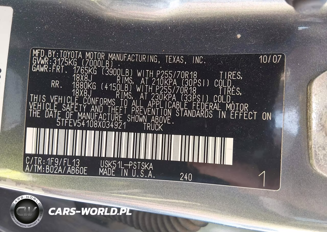 2008 Toyota Tundra Sr5 5.7L V8 VIN:5TFEV54108X034921 - 9