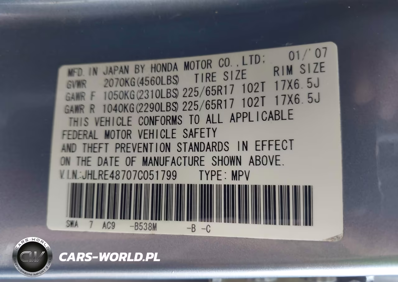 2007 Honda Cr-V Ex-L VIN:JHLRE48707C051799 - 9
