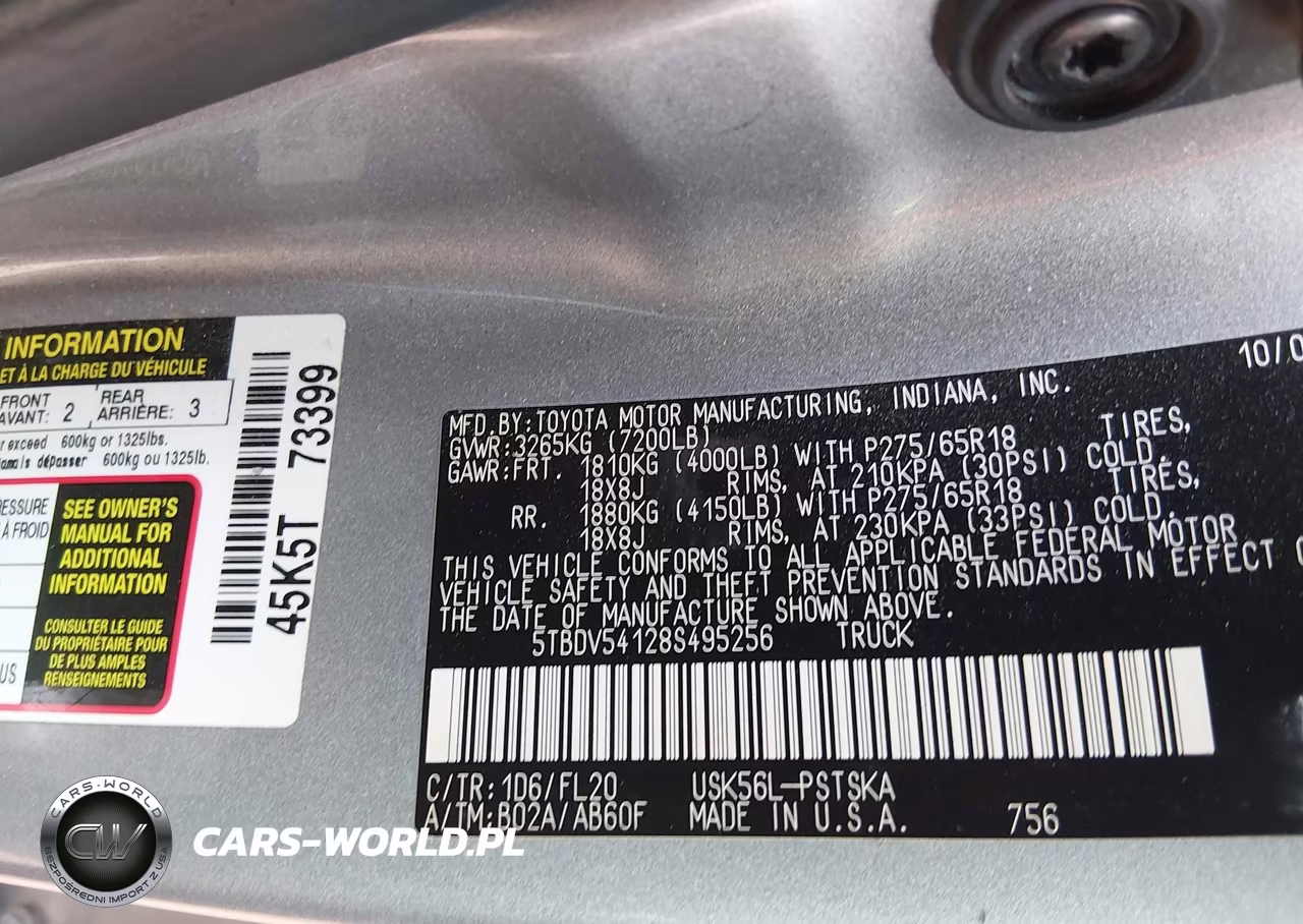 2008 Toyota Tundra Sr5 5.7L V8 VIN:5TBDV54128S495256 - 9