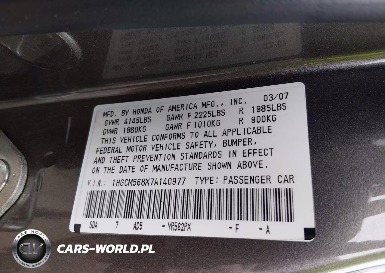 2007 Honda Accord 2.4 Ex VIN:1HGCM568X7A140977 - 9