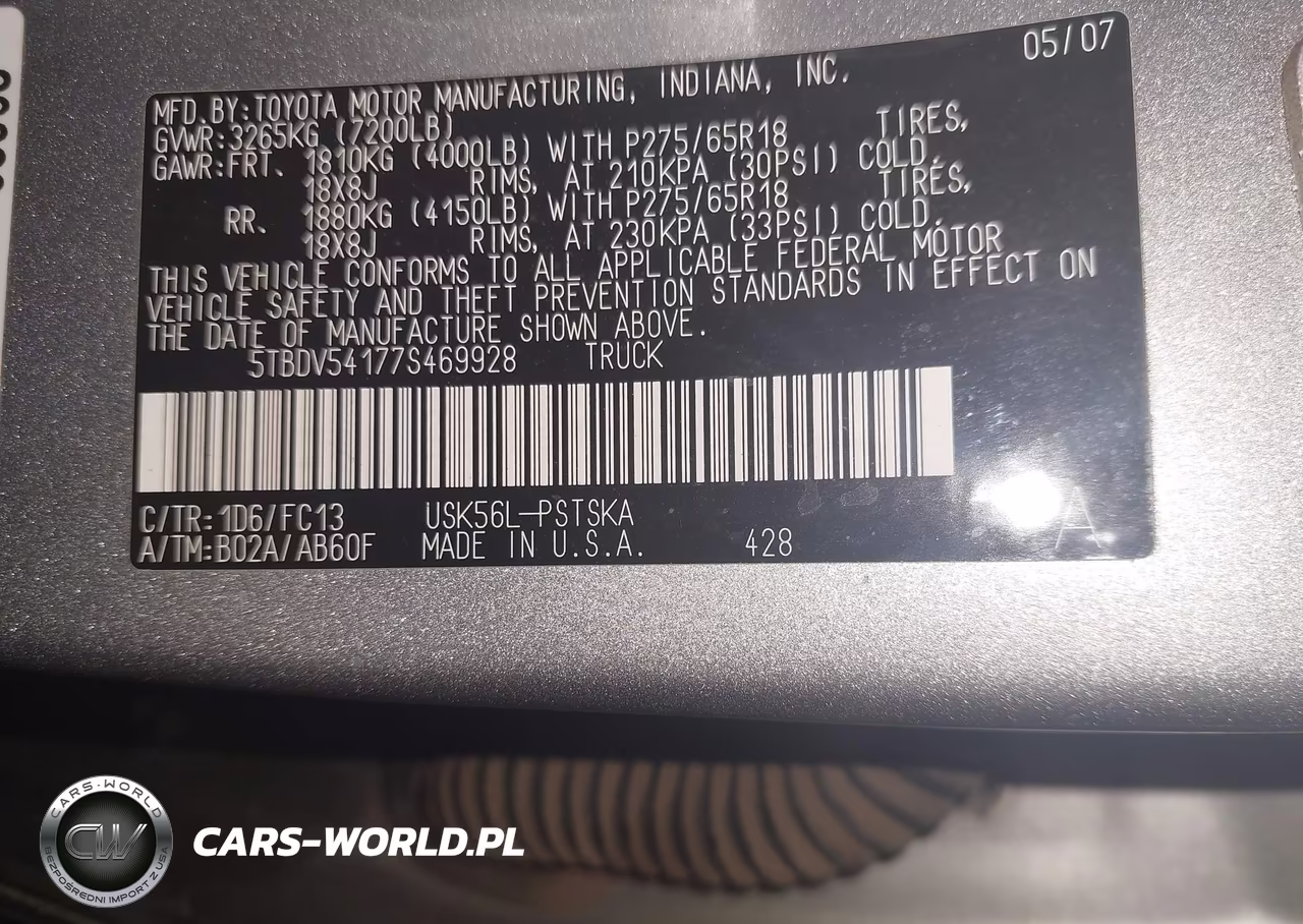2007 Toyota Tundra Sr5 5.7L V8 VIN:5TBDV54177S469928 - 9