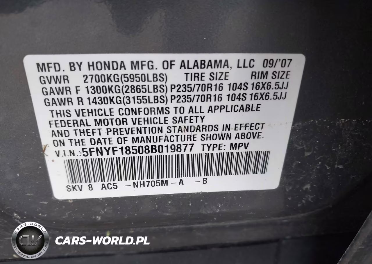 2008 Honda Pilot Ex-L VIN:5FNYF18508B019877 - 9