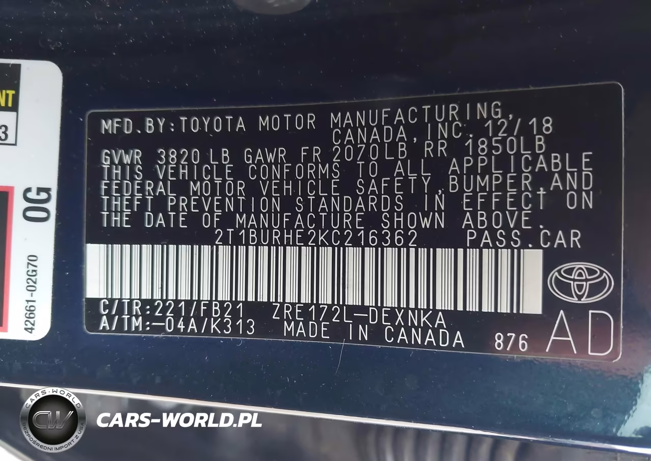 2019 Toyota Corolla Le VIN:2T1BURHE2KC216362 - 9