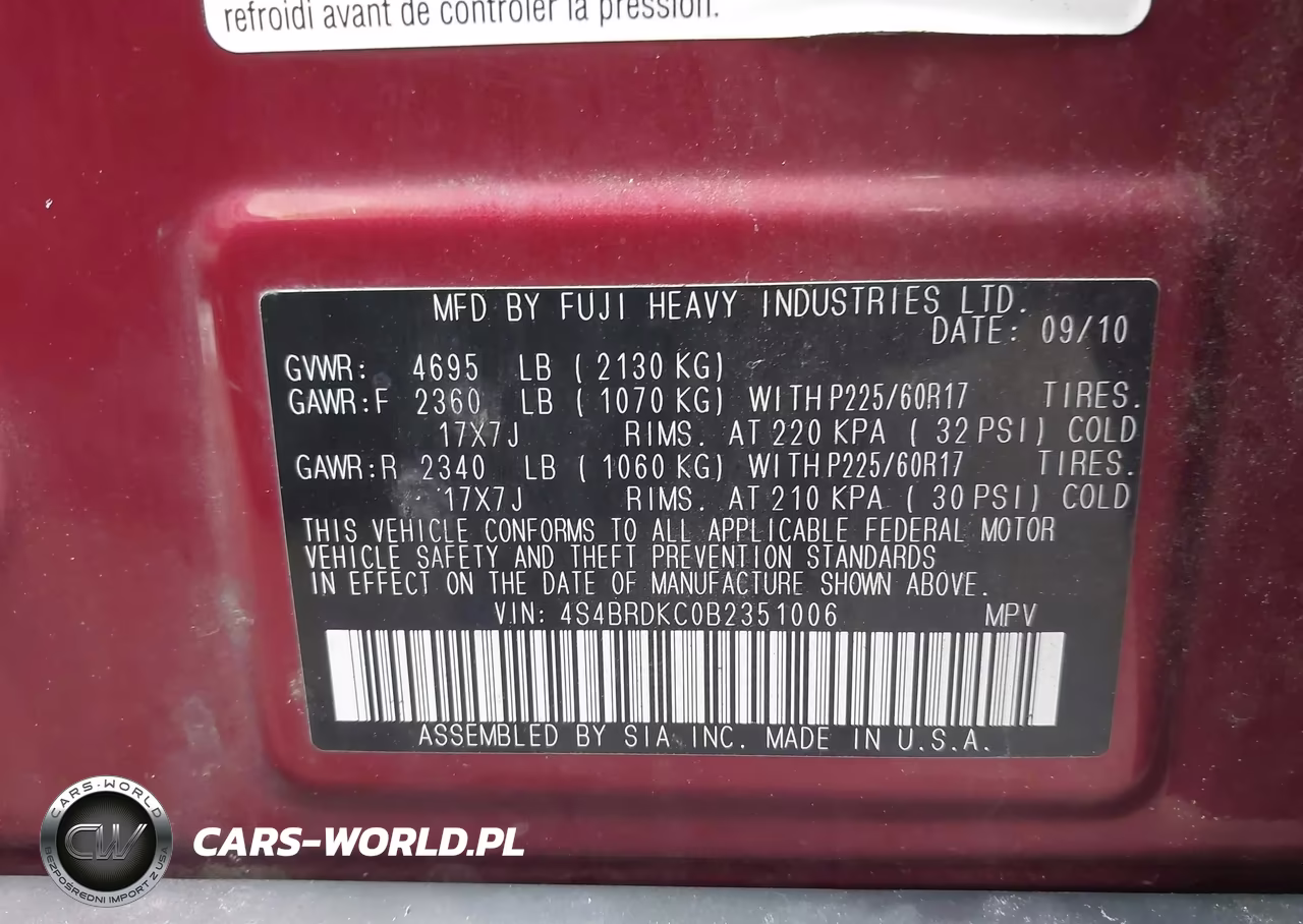 2011 Subaru Outback 3.6R Limited VIN:4S4BRDKC0B2351006 - 9