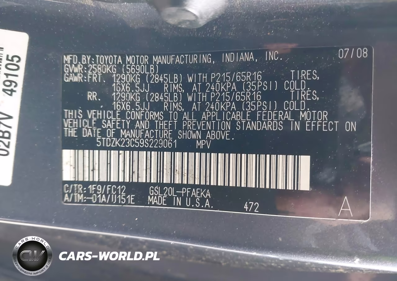 2009 Toyota Sienna Le VIN:5TDZK23C59S229061 - 9