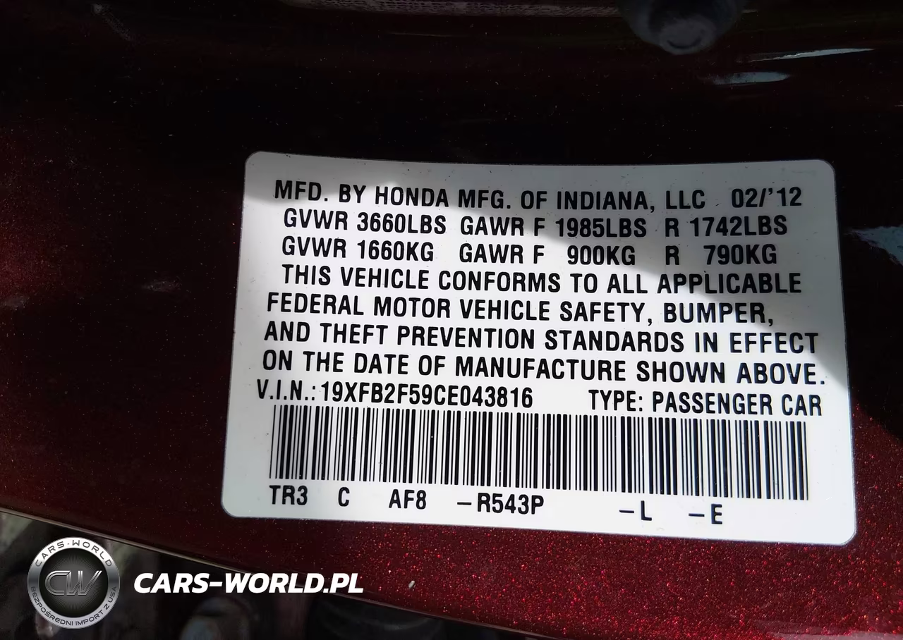 2012 Honda Civic Sdn Lx VIN:19XFB2F59CE043816 - 9