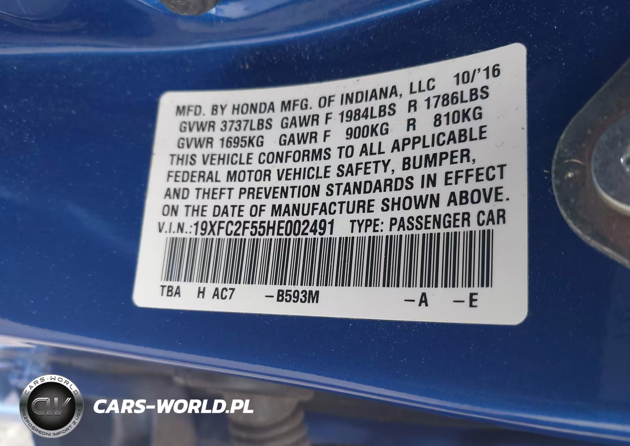 2017 Honda Civic Lx VIN:19XFC2F55HE002491 - 9
