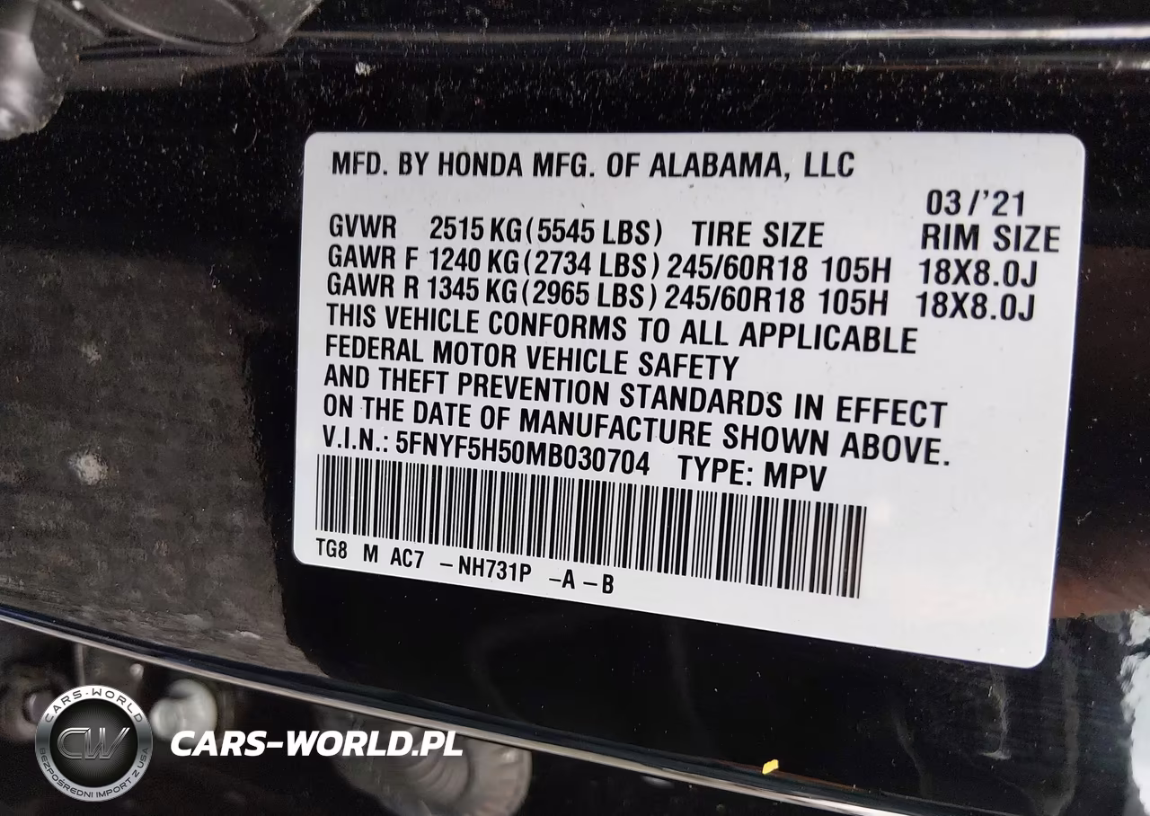 2021 Honda Piloto 2Wd Ex-L VIN:5FNYF5H50MB030704 - 9