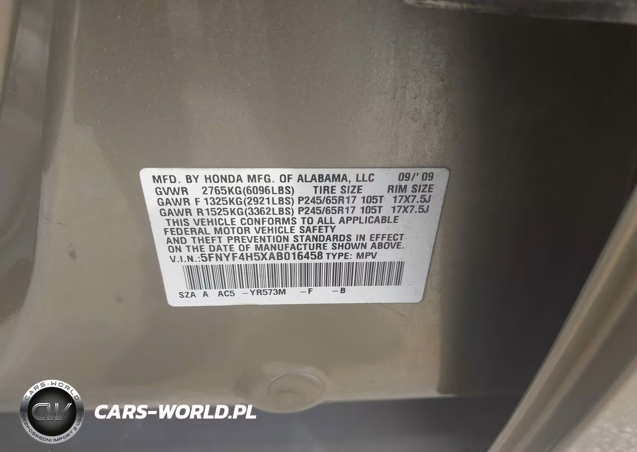 2010 Honda Pilot Ex-L VIN:5FNYF4H5XAB016458 - 9
