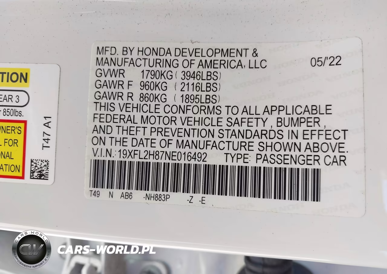 2022 Honda Civic Sport VIN:19XFL2H87NE016492 - 9