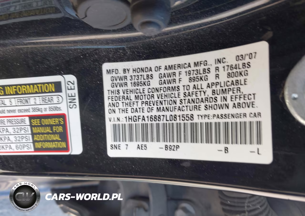 2007 Honda Civic Sdn Ex VIN:1HGFA16887L081558 - 9