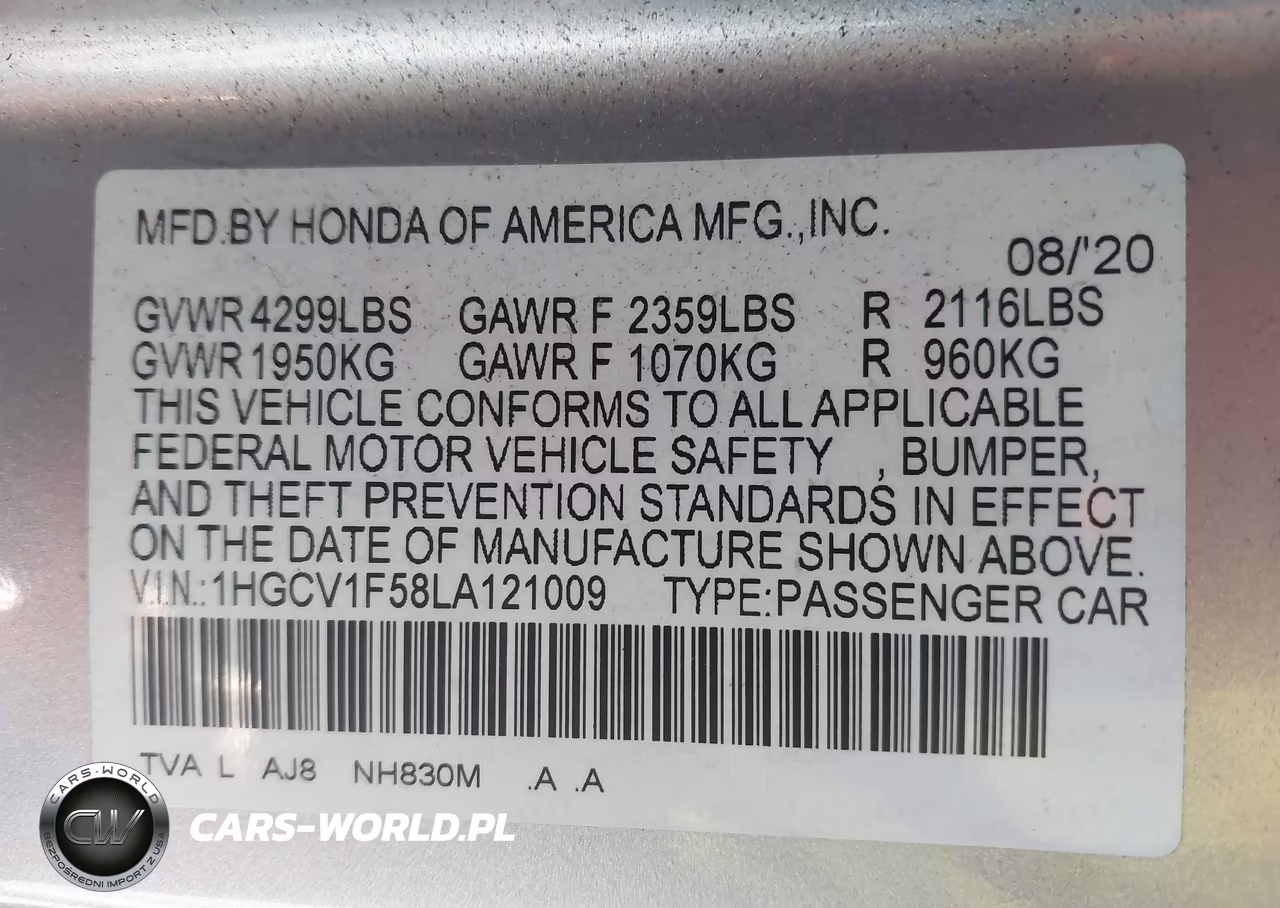 2020 Honda Accord Ex-L VIN:1HGCV1F58LA121009 - 9