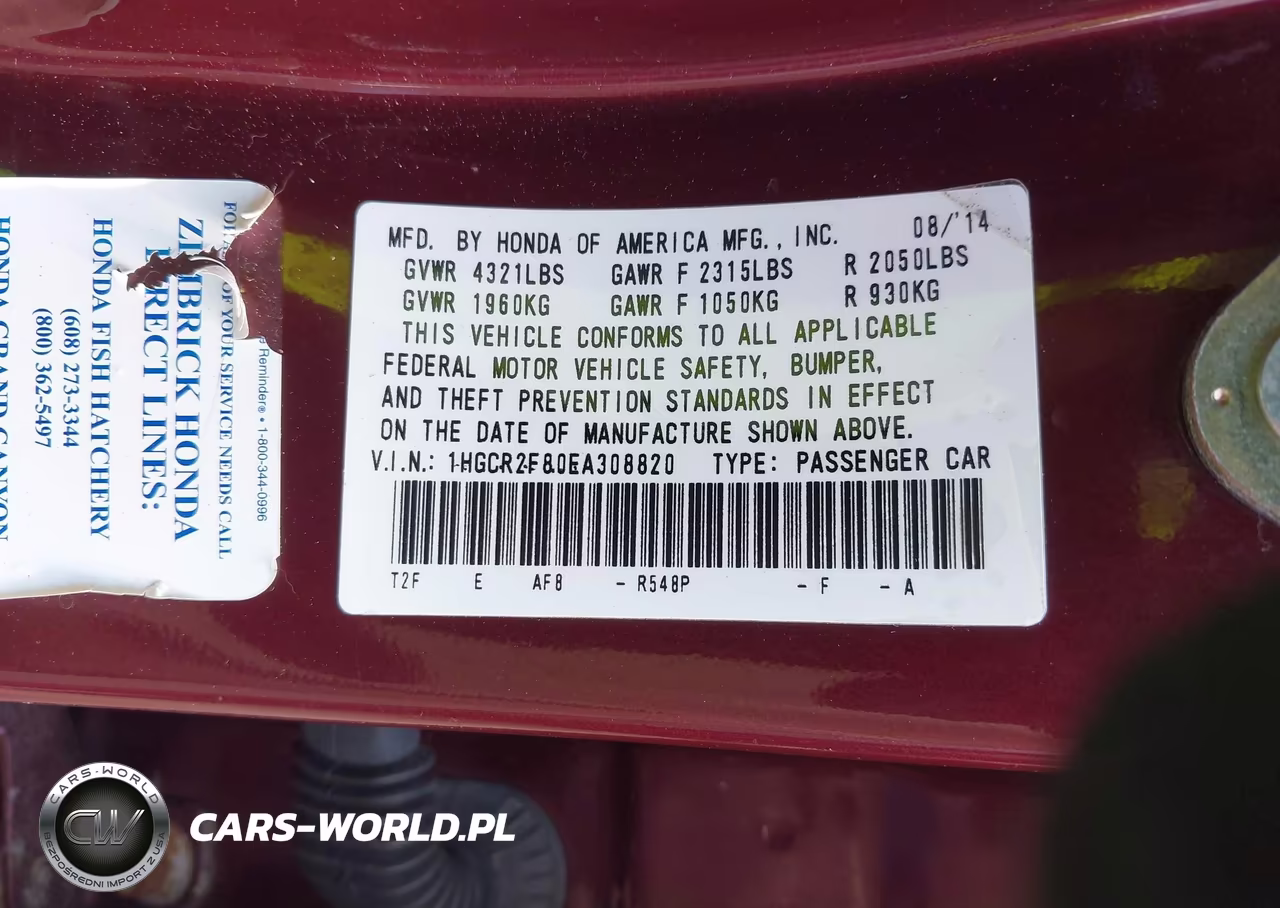 2014 Honda Accord Exl VIN:1HGCR2F80EA308820 - 9