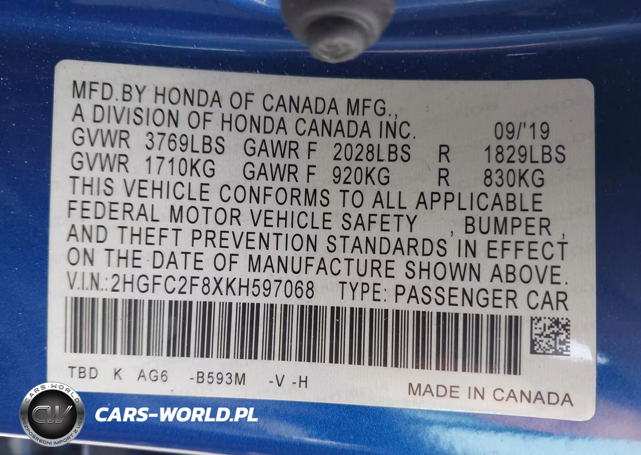 2019 Honda Civic Sport VIN:2HGFC2F8XKH597068 - 9