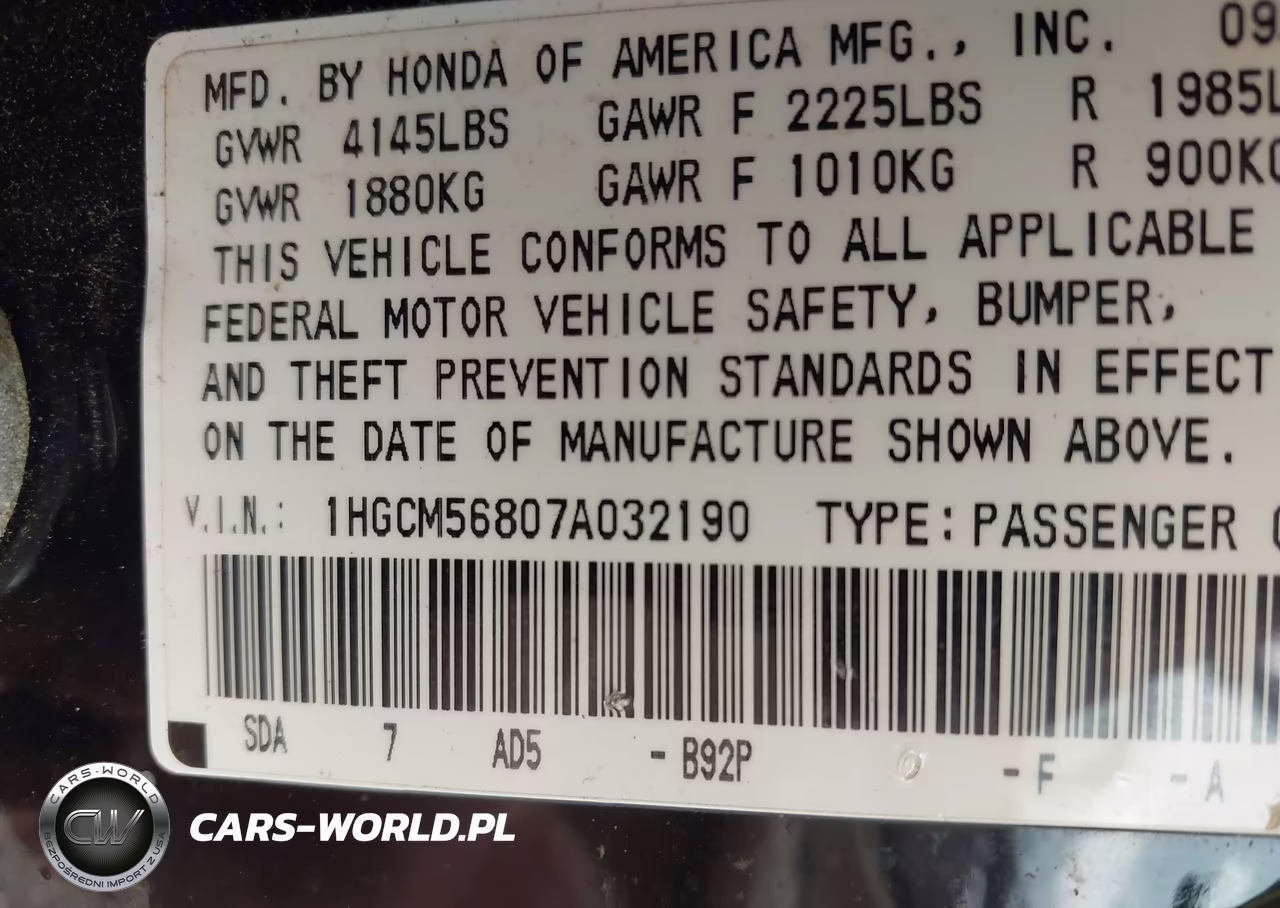 2007 Honda Accord 2.4 Ex VIN:1HGCM56807A032190 - 9