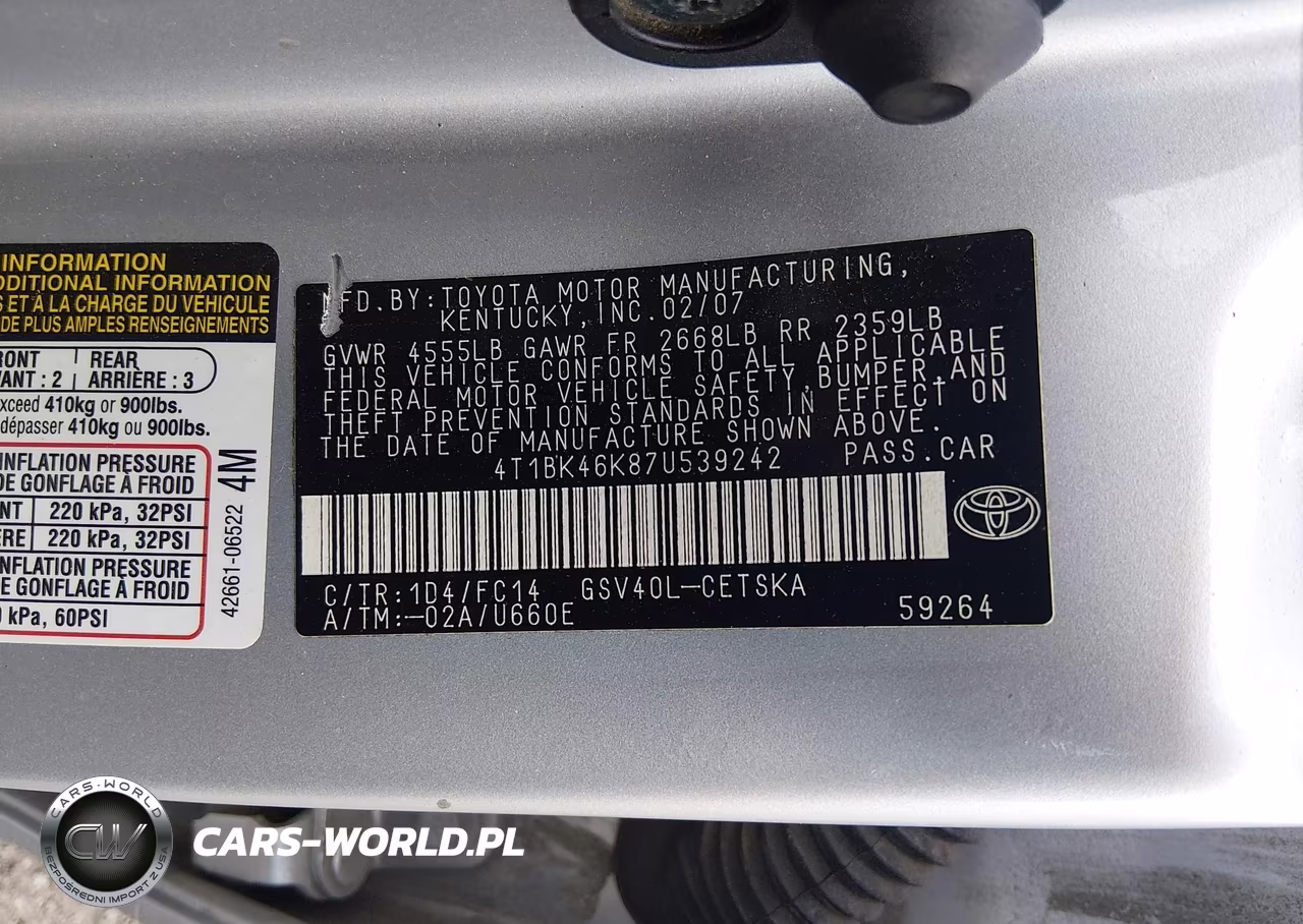 2007 Toyota Camry Se V6 VIN:4T1BK46K87U539242 - 9